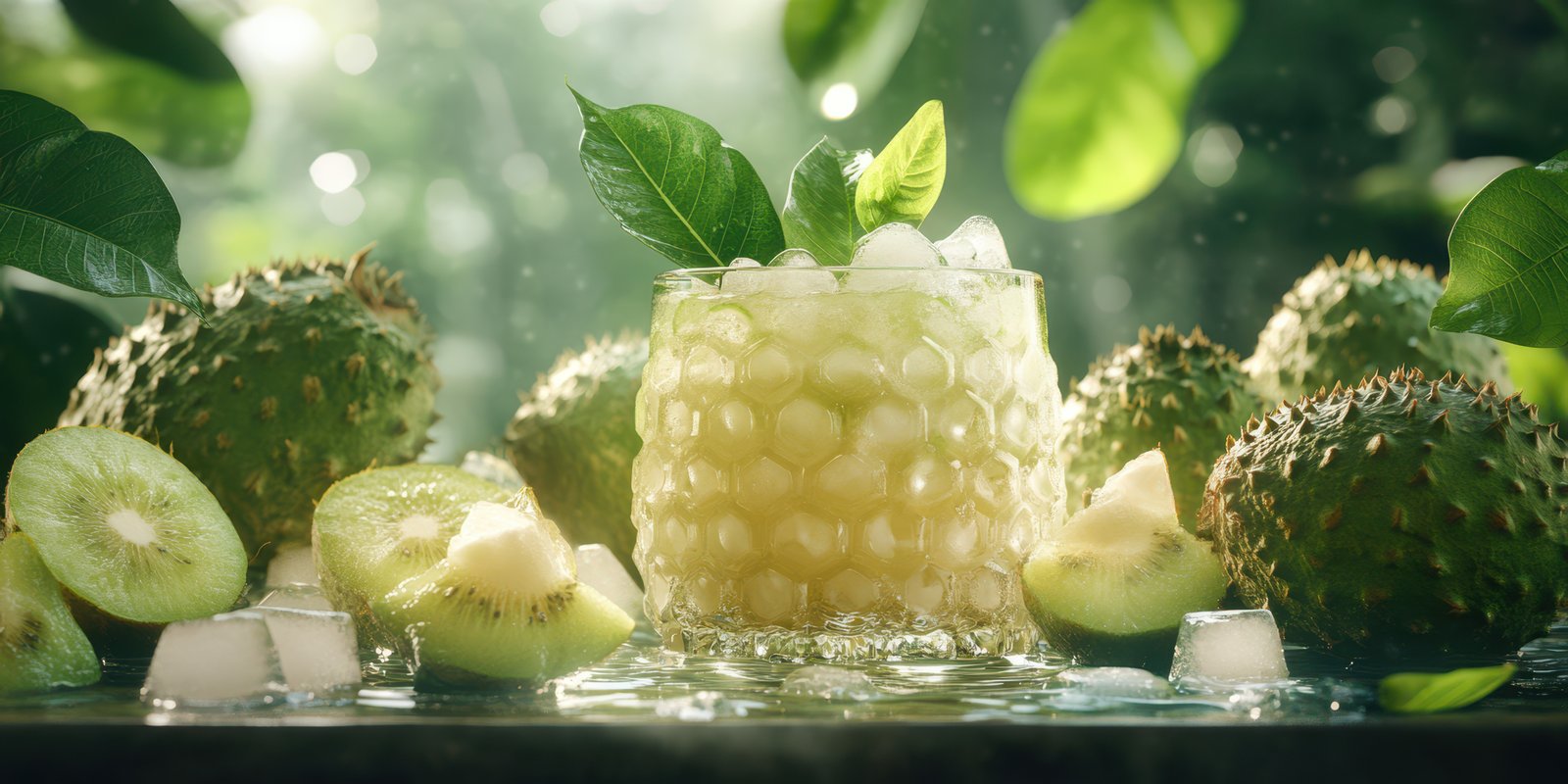 Refreshing tropical drink garnished with fresh leaves and surrounded by exotic fruits in a lush setting